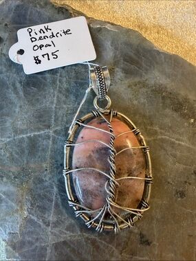 Pink Dendritic Opal Sterling Silver Wire-Wrapped Pendant